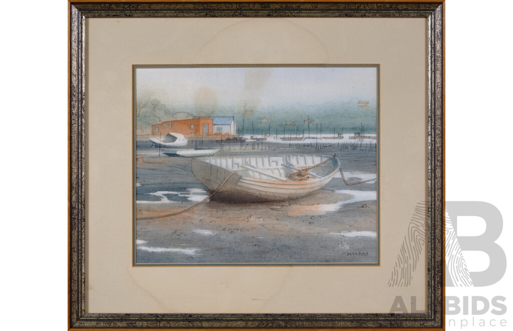 W. Webb, (Date Unknown), Moored Boat, Lovely Vintage Watercolour and Ink, 38 x 43 cm (frame)