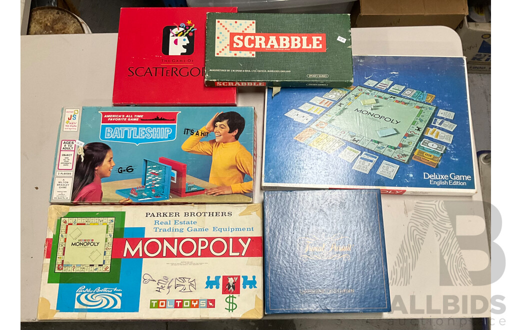 Collection of Vintage Board Games Including Battleship, Monopoly, Scrabble, Scattergories and Trivial Pursuit