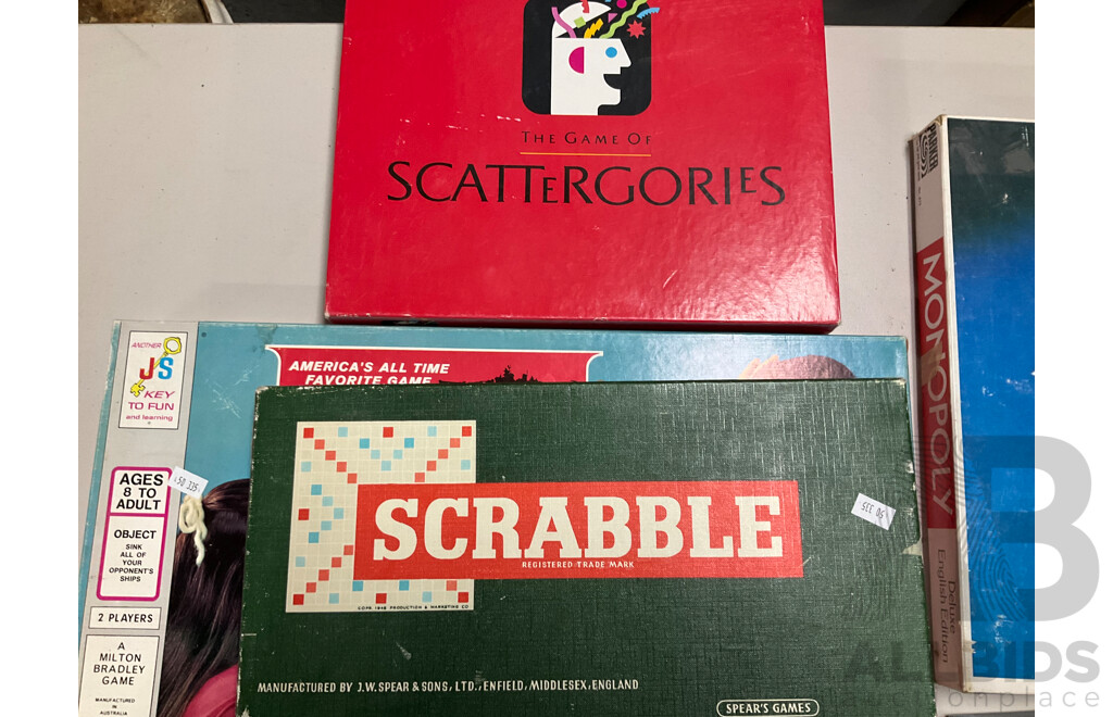 Collection of Vintage Board Games Including Battleship, Monopoly, Scrabble, Scattergories and Trivial Pursuit