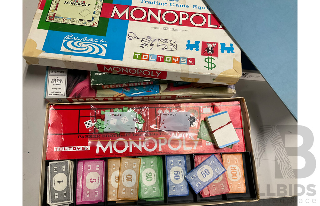 Collection of Vintage Board Games Including Battleship, Monopoly, Scrabble, Scattergories and Trivial Pursuit