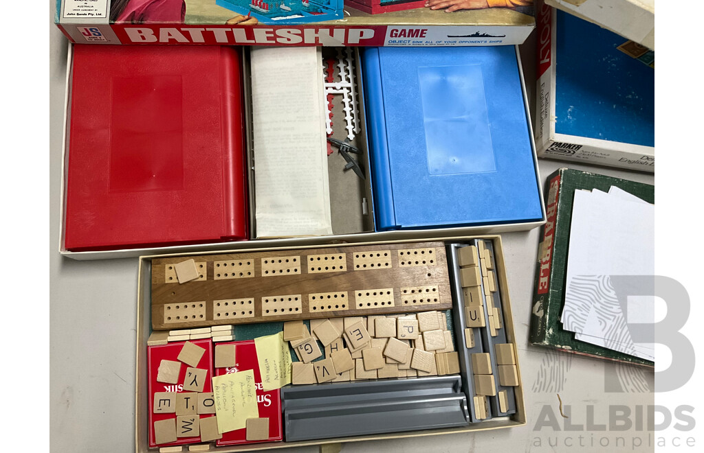 Collection of Vintage Board Games Including Battleship, Monopoly, Scrabble, Scattergories and Trivial Pursuit