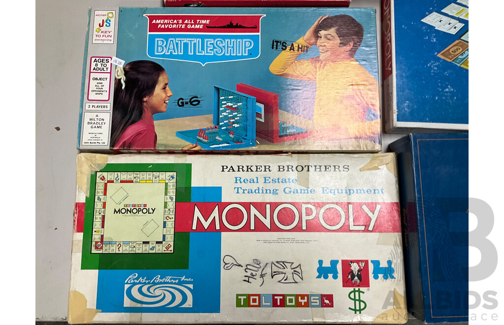 Collection of Vintage Board Games Including Battleship, Monopoly, Scrabble, Scattergories and Trivial Pursuit