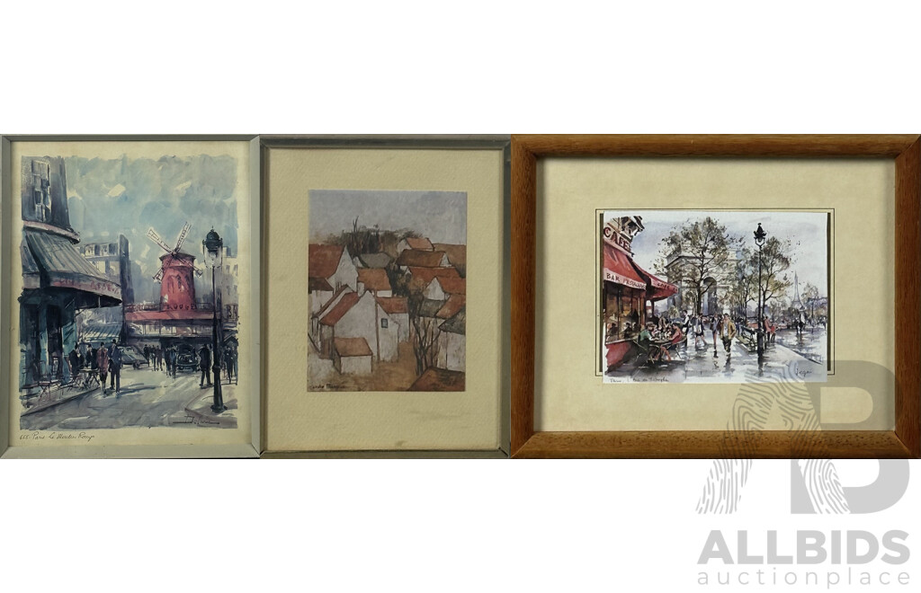 André Minaux, (French, 1923-1986), Houses, Colour Print, and Pair of Vintage Paris Prints of Original Watercolours (Le Moulin Rouge, and Notre Dame), 56 x 44 cm (largest frame)(3)