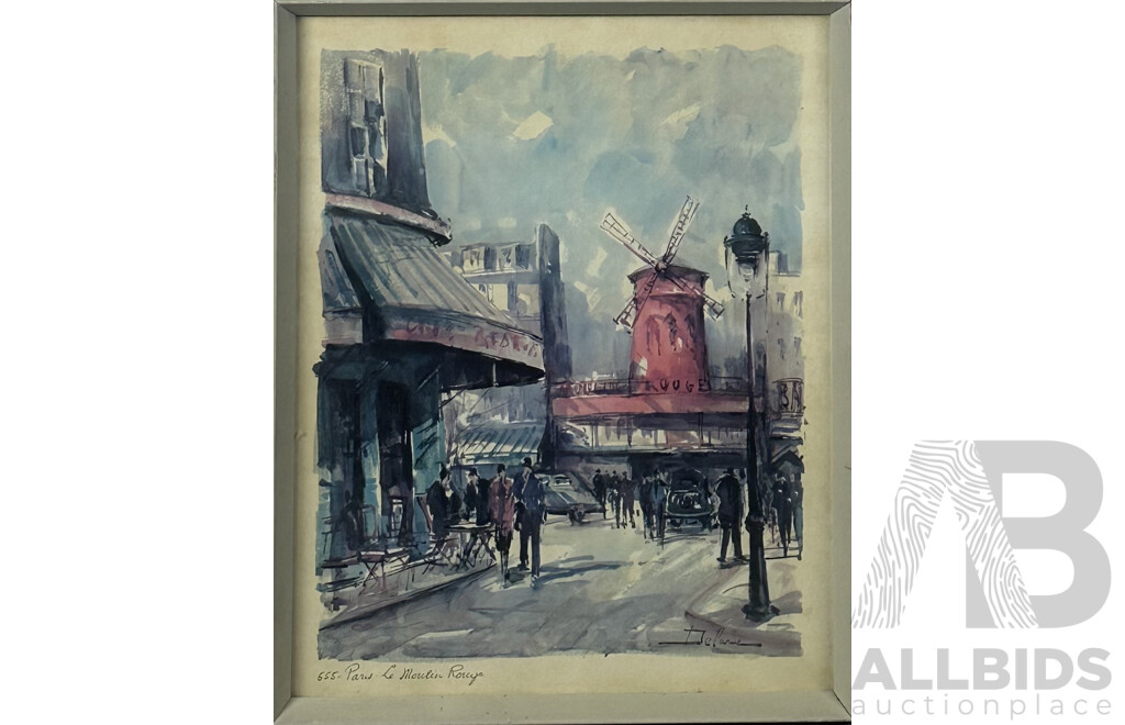 André Minaux, (French, 1923-1986), Houses, Colour Print, and Pair of Vintage Paris Prints of Original Watercolours (Le Moulin Rouge, and Notre Dame), 56 x 44 cm (largest frame)(3)