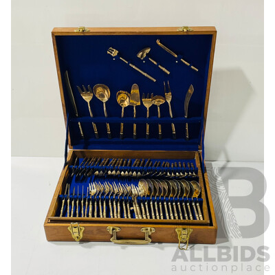 Complete Set of Vintage Bronze Cutlery and Tableware From Thailand in Multilayered Wooden Transport Case