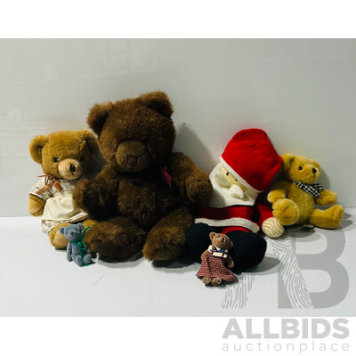 Collection of Six Lovely Stuffed Bears and Others Including One From Teddy&friends, Gund and Very Good Quality Homemade Santa