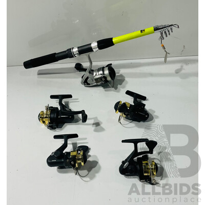 Gold Star Collapsible Fishing Rod and Collection of Four Berkley CW100 Fishing Reels