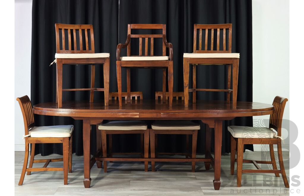 Indonesian Teak Oval Dining Table with Seven Chairs