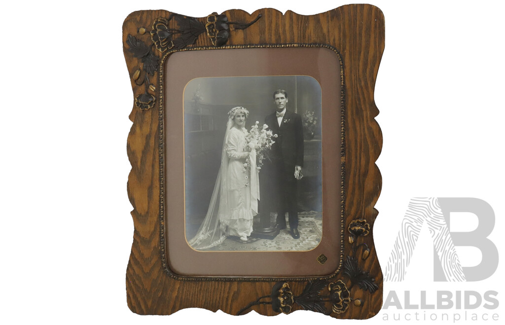 Vintage Photograph of Married Couple in Pressed Oak Frame