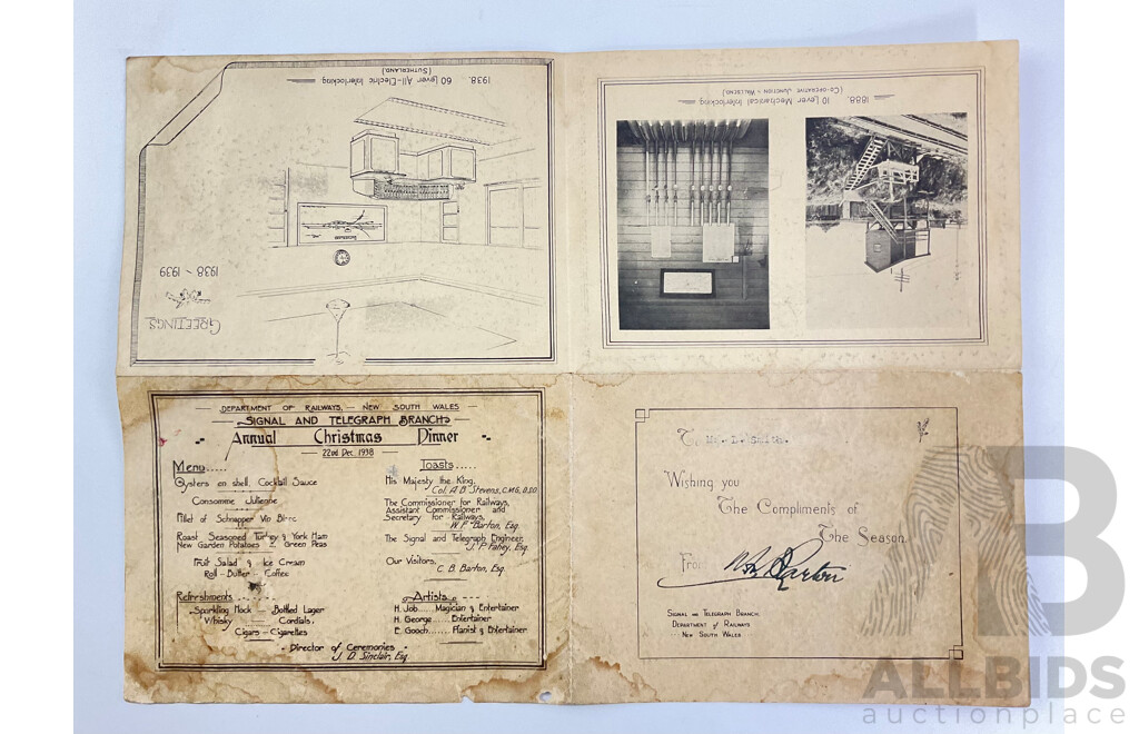 NSW Department of Railways 1938 Signal and Telegraph Branch Annual Christmas Dinner Invitation and Menu