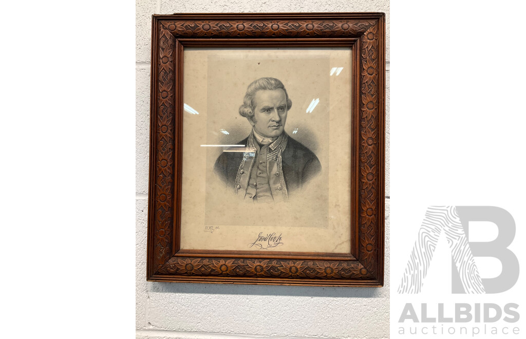 Portrait Explorer Captain James Cook with Signature Picturesque Atlas 1886 Antique Print -  39 X 33 Cm (frame)