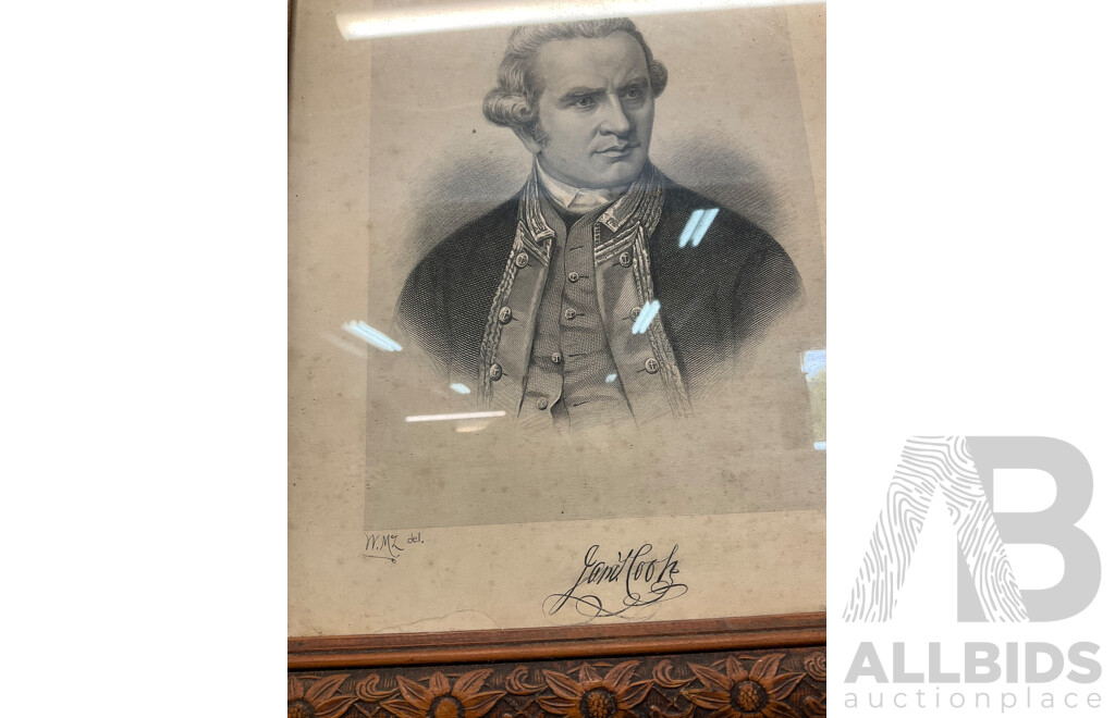 Portrait Explorer Captain James Cook with Signature Picturesque Atlas 1886 Antique Print -  39 X 33 Cm (frame)