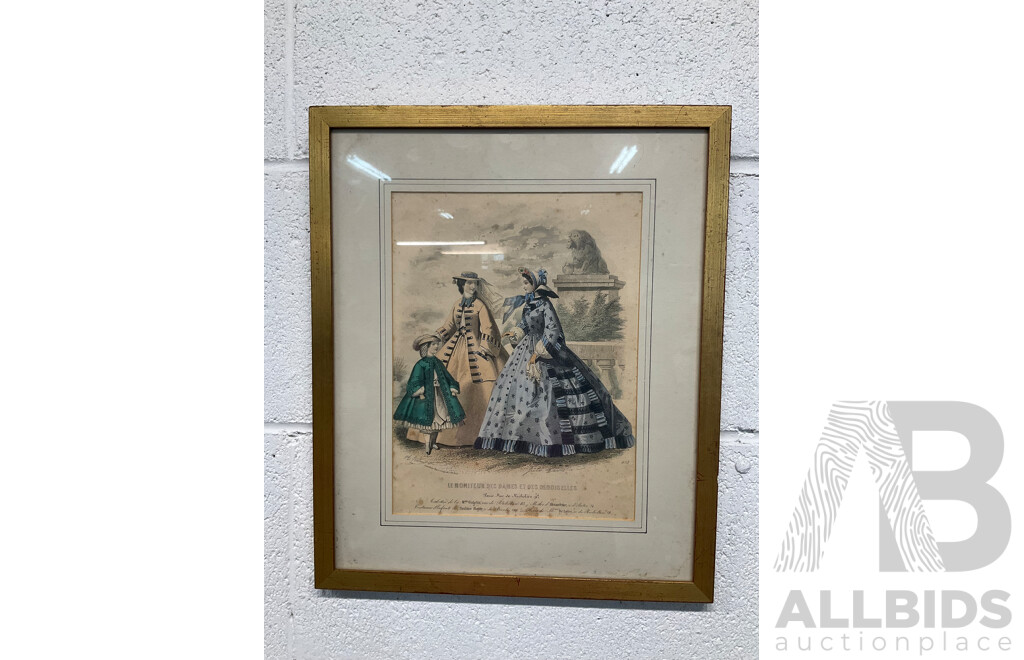 Original Hand Coloured Fashion Paint Journal Des Demoiselles - Ladies and Child Walking, Costumes by Messieur Gagelin Et. Pauline Royer - French Fashions of the Early 1860's -  36 X 30 Cm (frame)