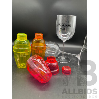 Cosmopolitan Colored Plastic Shakers and Disaronno Fizz Plastic Wine Glasses - Lot of 216