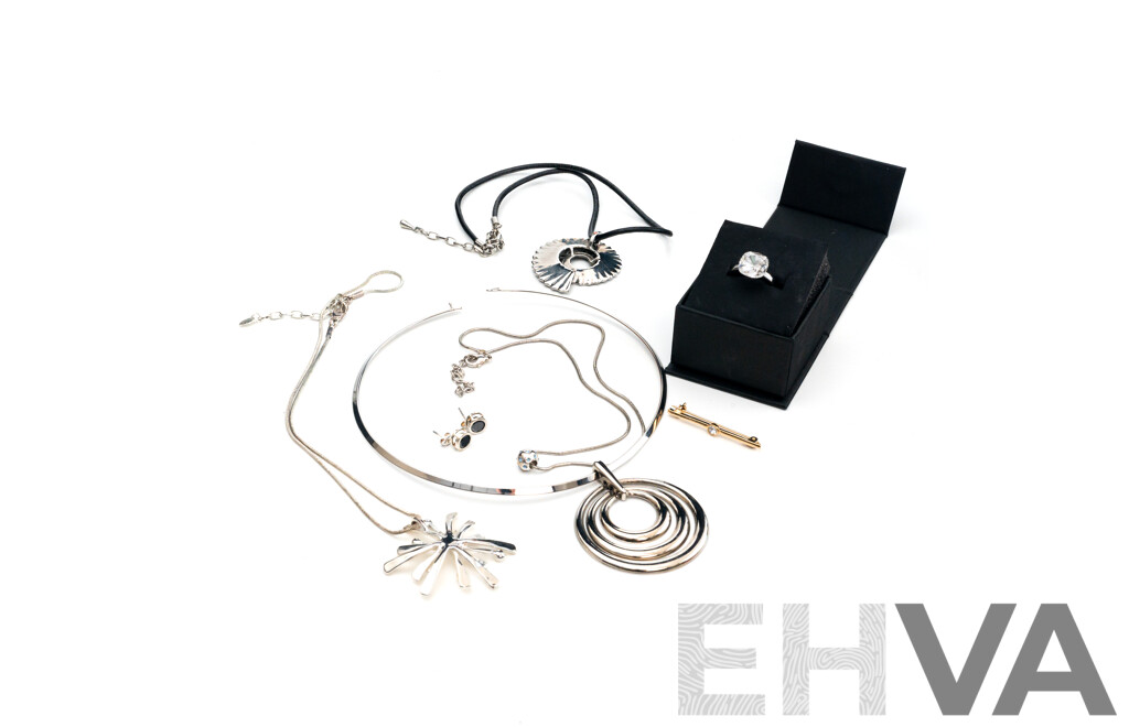 Collection of Silver Tone Jewellery Items Including Prouds Sterling Silver Black Cz Bezel Set Stud Earrings