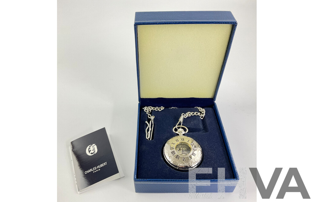 Charles Hubert Paris Silver Tone 50mm Fob Watch and Chain, in Original Presentation Case as New