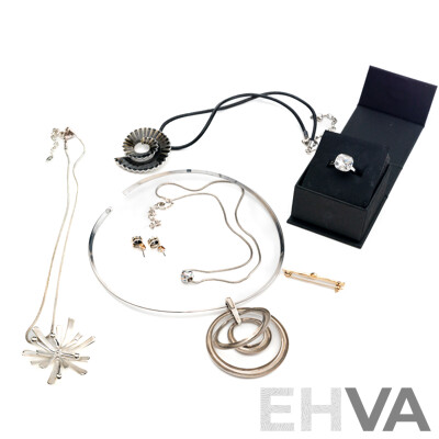Collection of Silver Tone Jewellery Items Including Prouds Sterling Silver Black Cz Bezel Set Stud Earrings