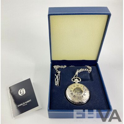 Charles Hubert Paris Silver Tone 50mm Fob Watch and Chain, in Original Presentation Case as New