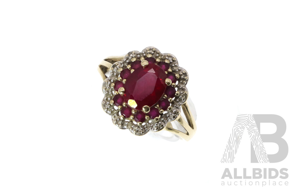 9ct Created Ruby and Diamond Set Cluster Ring, TDW 0.10ct, Size N, 3.00 Grams