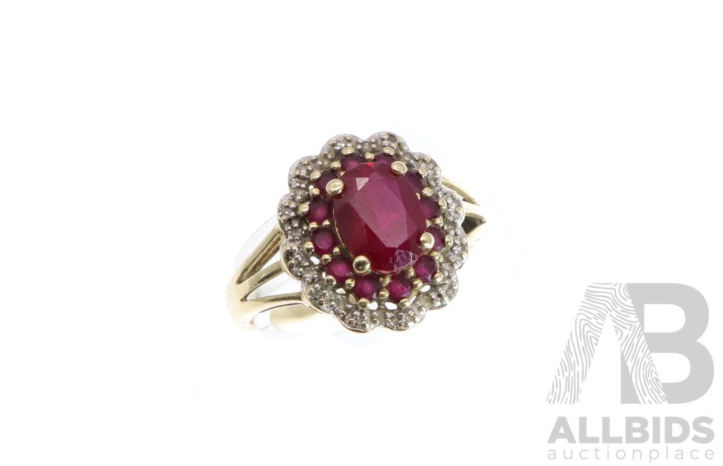 9ct Created Ruby and Diamond Set Cluster Ring, TDW 0.10ct, Size N, 3.00 Grams