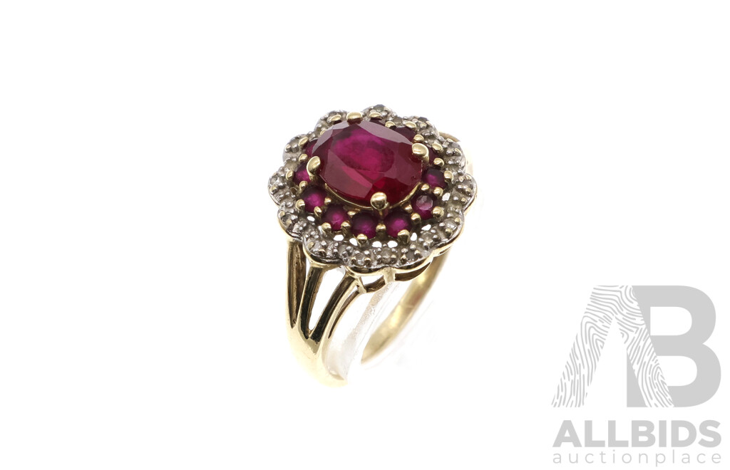 9ct Created Ruby and Diamond Set Cluster Ring, TDW 0.10ct, Size N, 3.00 Grams