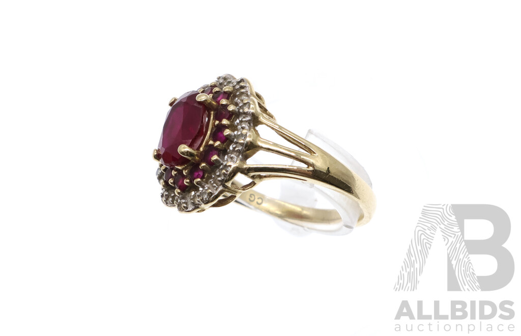 9ct Created Ruby and Diamond Set Cluster Ring, TDW 0.10ct, Size N, 3.00 Grams