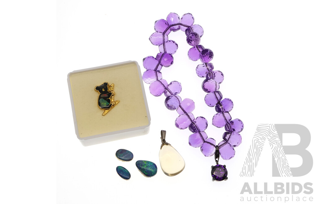 Amethyst Bead Bracelet with Sterling Silver Clip Pendant, Citrine Pendant and (3) Opal Doublets