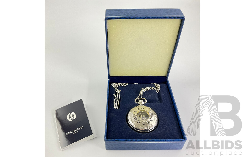 Charles Hubert Paris Silver Tone 50mm Fob Watch and Chain, in Original Presentation Case as New