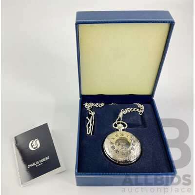 Charles Hubert Paris Silver Tone 50mm Fob Watch and Chain, in Original Presentation Case as New