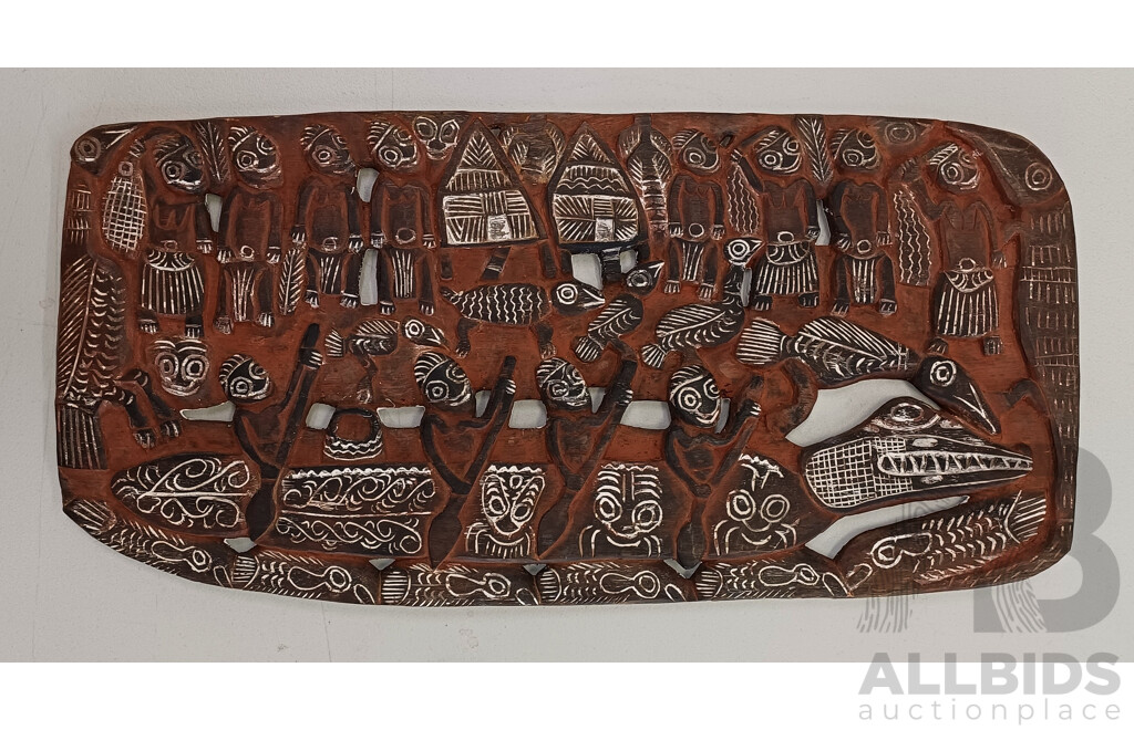 Artist and Date Unknown, (Papua New Guinean), Village Story Board, Natural Earth Pigments on Carved Wood, 38 x 78 cm