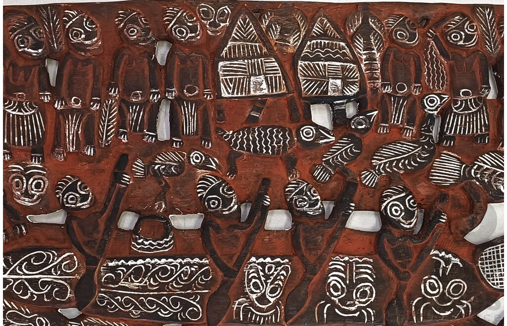 Artist and Date Unknown, (Papua New Guinean), Village Story Board, Natural Earth Pigments on Carved Wood, 38 x 78 cm