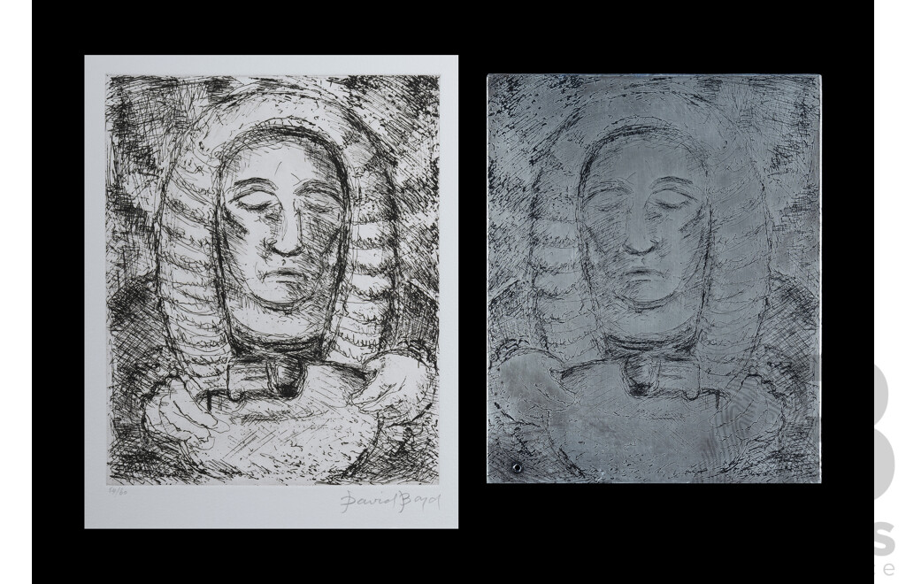 David Boyd, (20th Century, Australian, 1924-2011) (2) 'Judge Holding Mask' (From the Trial Series), Zinc Etching Plate & Original Etching, 26.5 x 21.5 cm (plate and Image) (2)