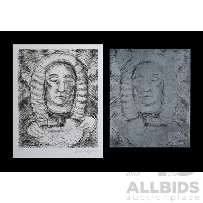 David Boyd, (20th Century, Australian, 1924-2011) (2) 'Judge Holding Mask' (From the Trial Series), Zinc Etching Plate & Original Etching, 26.5 x 21.5 cm (plate and Image) (2)