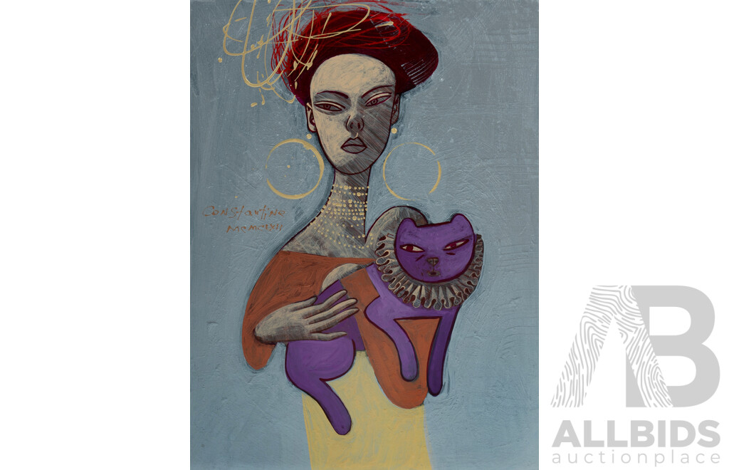 Constantine Popov, (20th Century, Russian-Australian, 1962-),  Woman with Purple Cat (Silver Background), 2022, Acrylic on Board, 40^x 30 cm