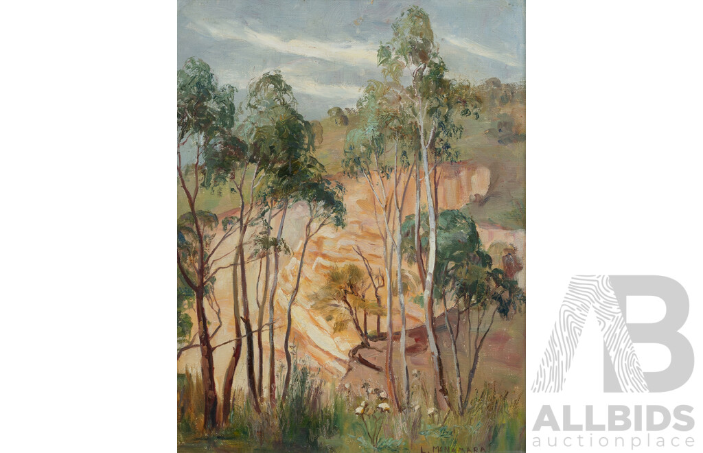 Leila Constance McNamara, (20th Century, Australian, 1894-1973), Sandstone Hillside with Gums, Oil Canvas on Board, 37 x 29 cm (image)