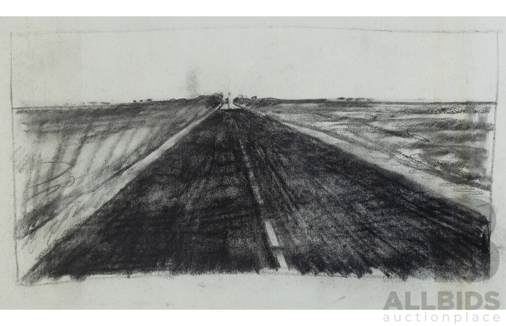 Roderick Malcolm Shaw, (20th Century, Australian, 1915-1992) 'Mirage on the Road to Adelaide Study,' (^c1970), Charcoal, 36.5 x 62.5 cm