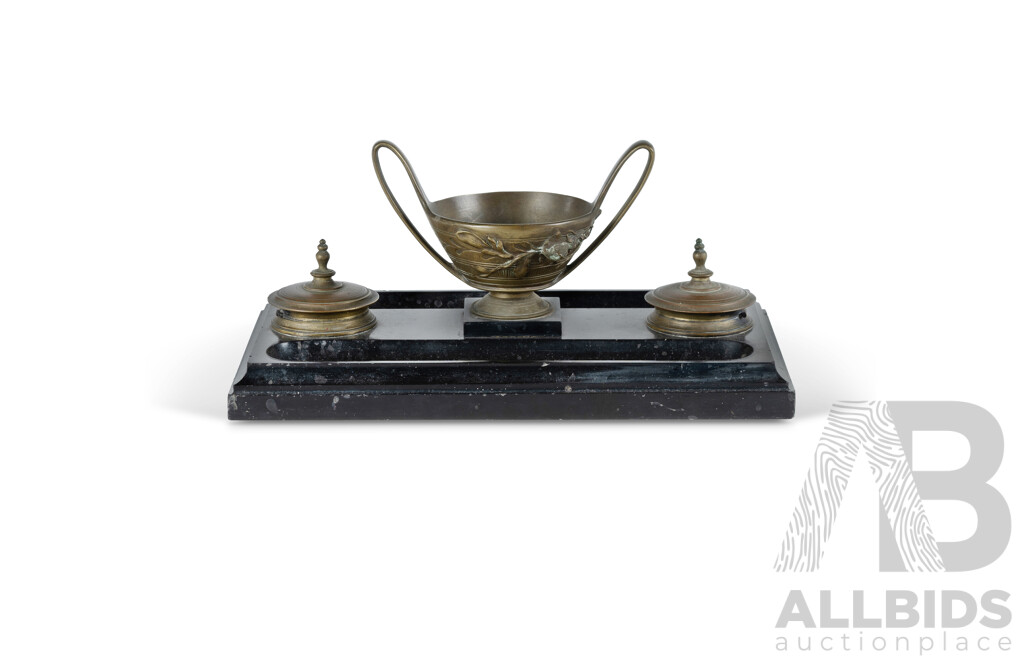 Victorian Neo-Classical Desk Set. Black marble base with twin cast bronze ink well receptacles. Krater form centre. (31x18cm)