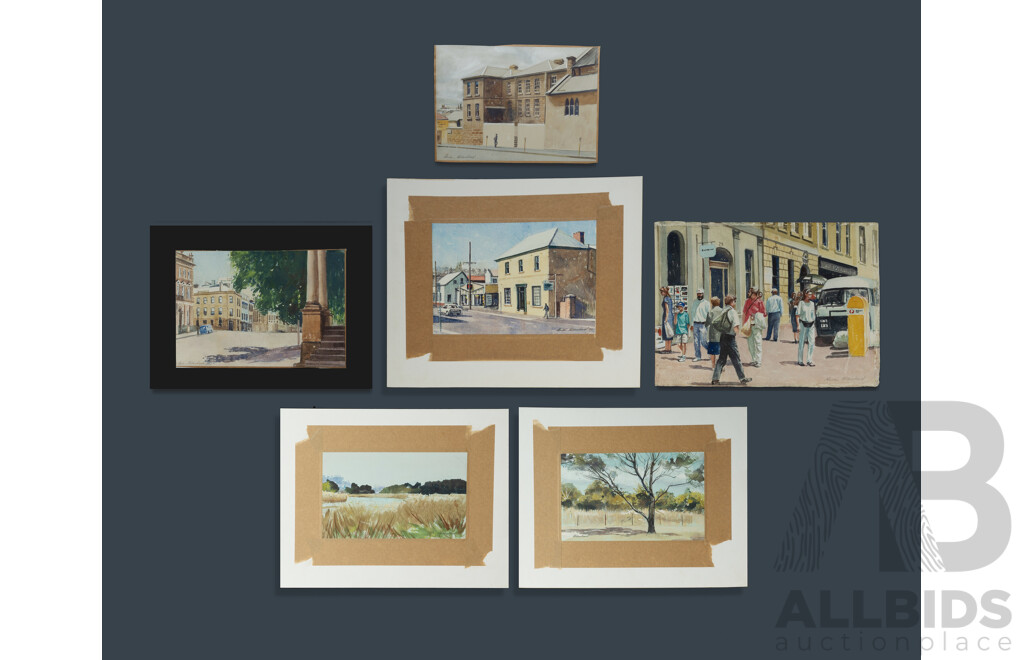 Brian Blanchard, (20th Century, Australian, 1934-2015), Collection Six Studies of Tasmania, Includes 'Figures in Salamanca Place' and More, Watercolour and Gouache, 29 x 40 cm (largest) (6)