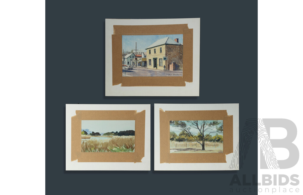 Brian Blanchard, (20th Century, Australian, 1934-2015), Collection Six Studies of Tasmania, Includes 'Figures in Salamanca Place' and More, Watercolour and Gouache, 29 x 40 cm (largest) (6)