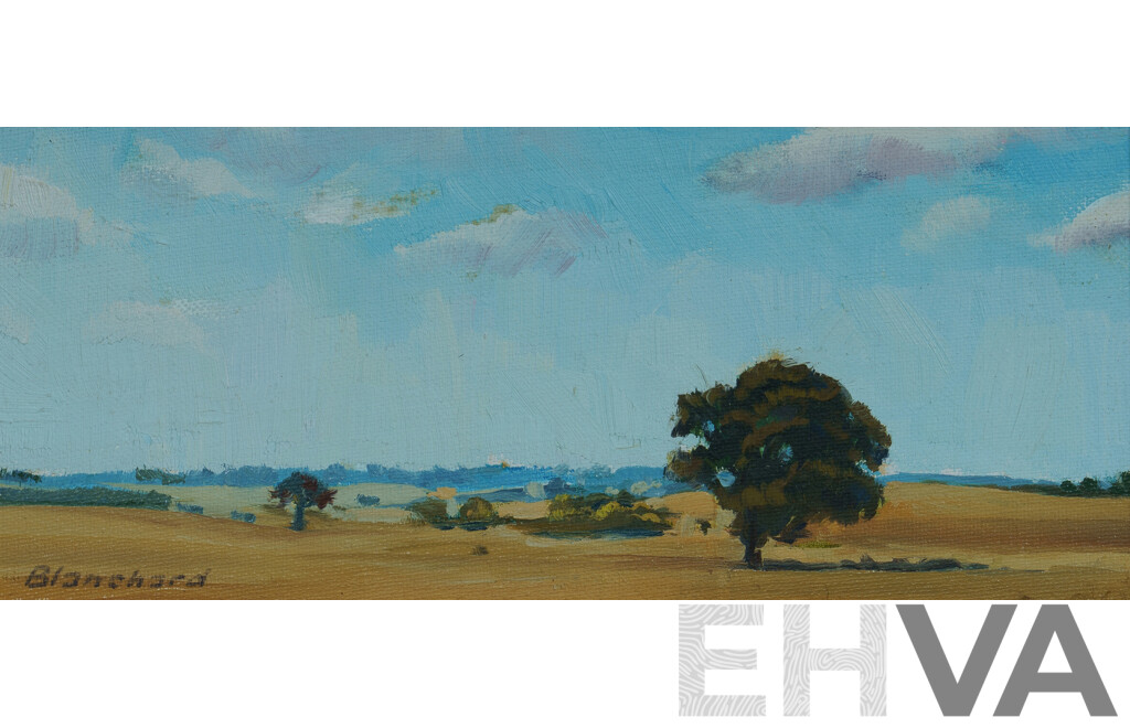 Brian Blanchard, (20th Century, Australian, 1934-2015) Towards Canberra, Oil on Canvas Board, 24 x 39 cm (frame)