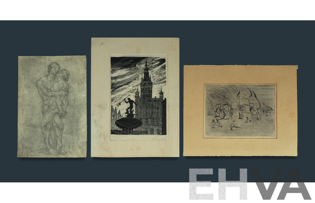 Erich Wessel, (20th Centurym German 1906-1983), Elbe River, 1934; Zdzislaw Krol, (20th Century, Polish, 1921-2002), 'Neptun'; & Unknown (signed Indistinctly), Two Lovers, Collection of Three Works (3)