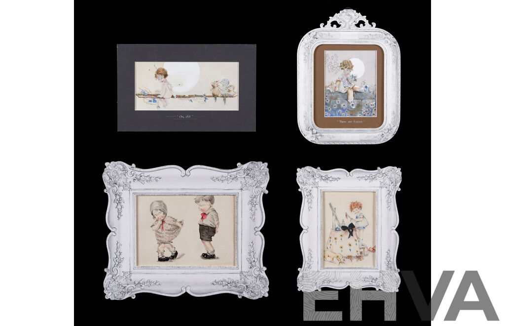 Manner of Mabel Lucie Atwell, (British, 1879-1964), Four Children's Illustrations 'On-dit',  There Are Fairies'; Girl Cutting Hair; and an Early Encounter, Watercolours, 36 x 43 cm (largest frame)