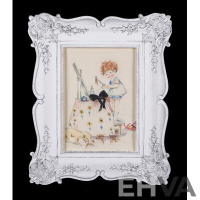Manner of Mabel Lucie Atwell, (British, 1879-1964), Four Children's Illustrations 'On-dit',  There Are Fairies'; Girl Cutting Hair; and an Early Encounter, Watercolours, 36 x 43 cm (largest frame)