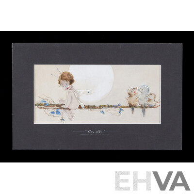 Manner of Mabel Lucie Atwell, (British, 1879-1964), Four Children's Illustrations 'On-dit',  There Are Fairies'; Girl Cutting Hair; and an Early Encounter, Watercolours, 36 x 43 cm (largest frame)