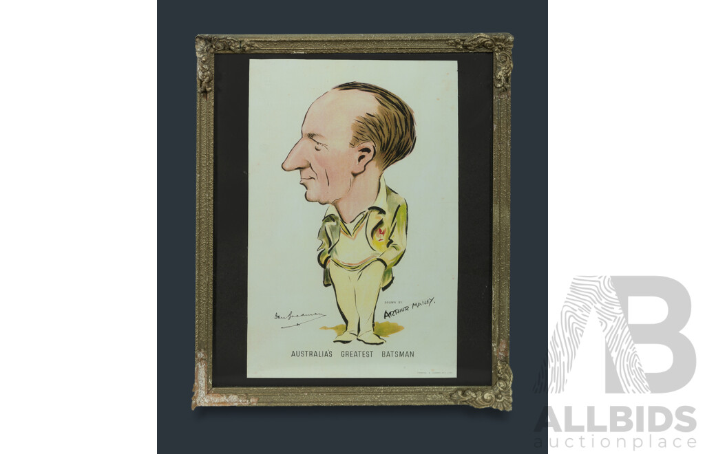 Arthur Mailey, (Australian,1886-1967) 'Australia's Greatest Batsman [Don Bradman]' Lithograph, Published by Troedel & Cooper Pty Ltd, 28.5 x 18.5 cm (image)