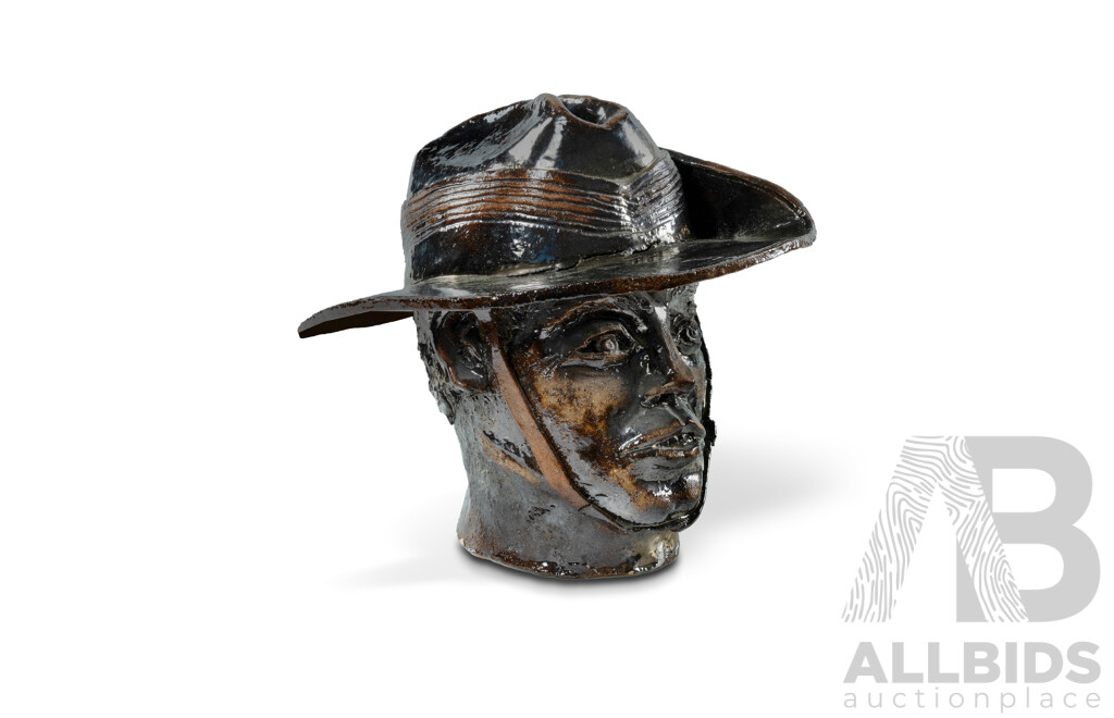 Studio Pottery Bust of a Digger in a Slouch Hat Copper glazed, and interior marked 'D. Selmon 1987'. 