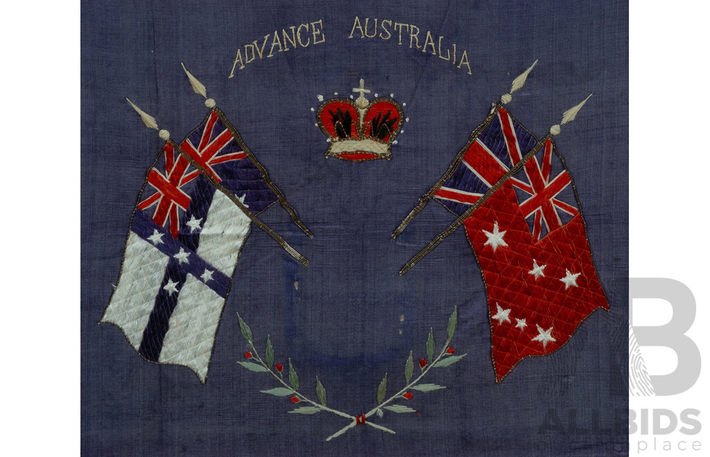 Framed Federation 'Advance Australia' Embroidery, Missing Coat-of-Arms, Presented in Period Wooden Frame