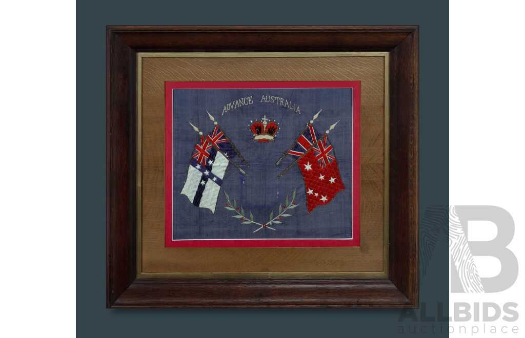 Framed Federation 'Advance Australia' Embroidery, Missing Coat-of-Arms, Presented in Period Wooden Frame