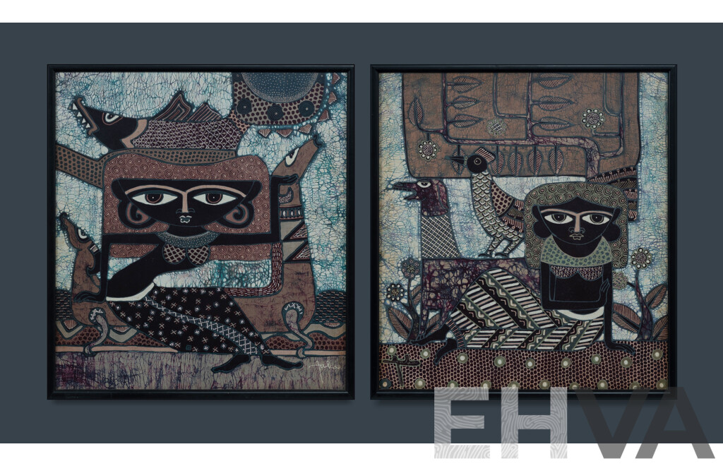 JAKA, (Indonesian) (2) Pair of Batiks Featuring Women, Fish and Birds