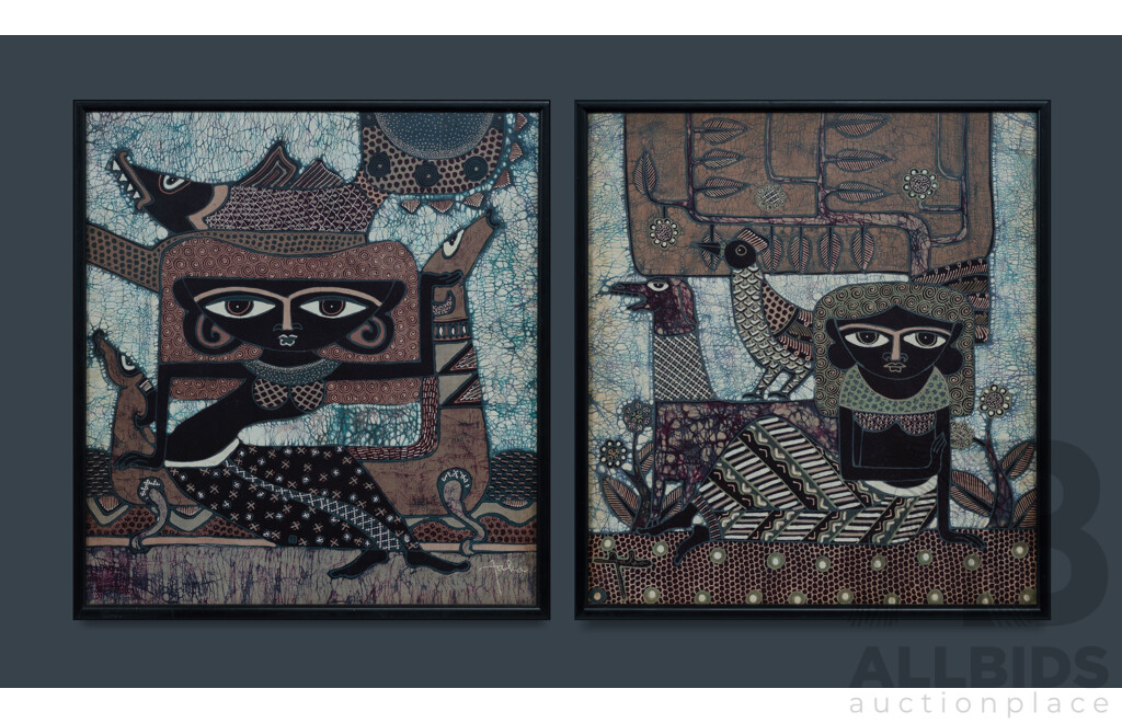 JAKA, (Indonesian) (2) Pair of Batiks Featuring Women, Fish and Birds